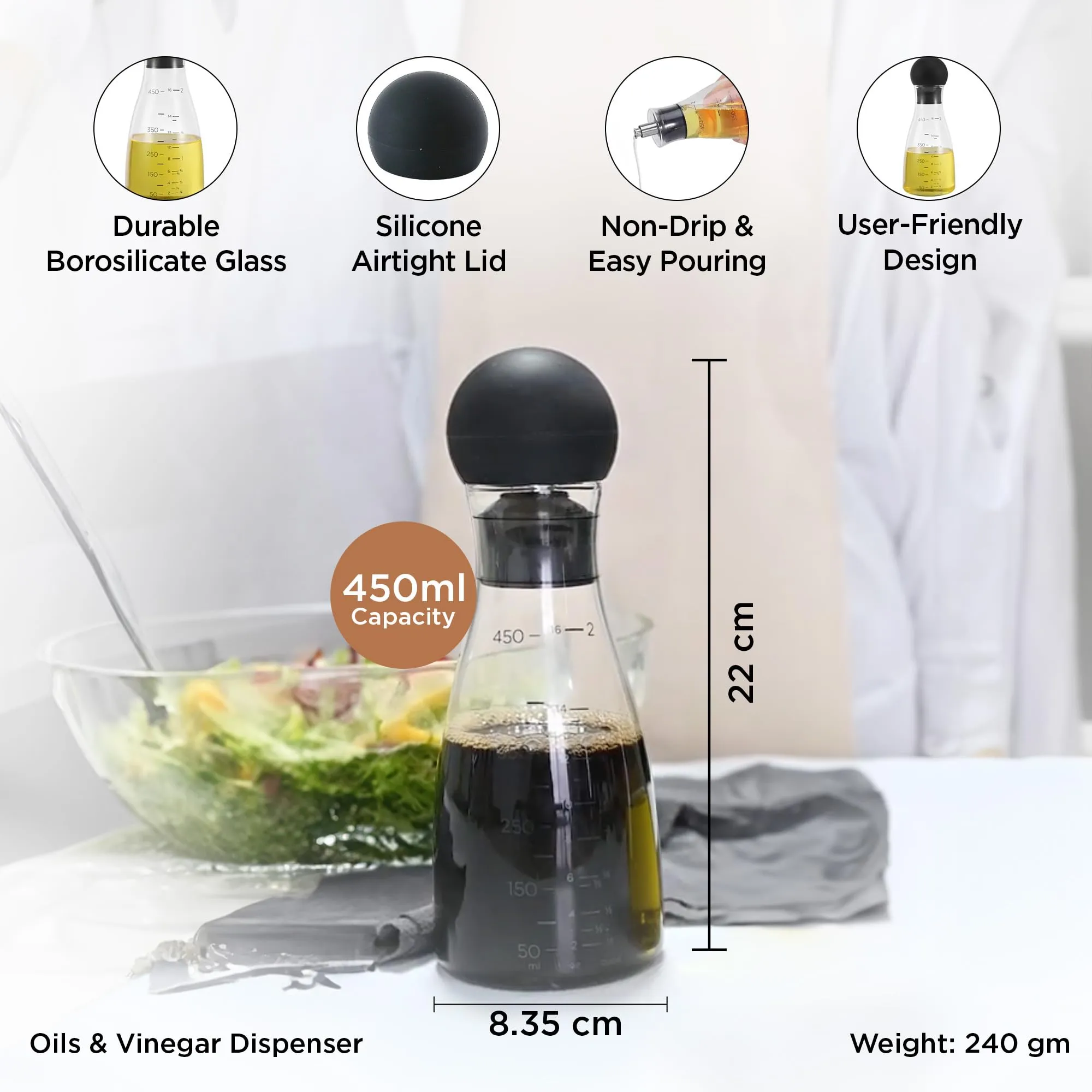 UMAI Glass Oil Dispenser With Leakproof Silicone Lid (450ml) | Oil Container Bottle For Kitchen | Oil Jar | Vinegar Dispenser | Glass Oil Bottle | Oil Can For Kitchen