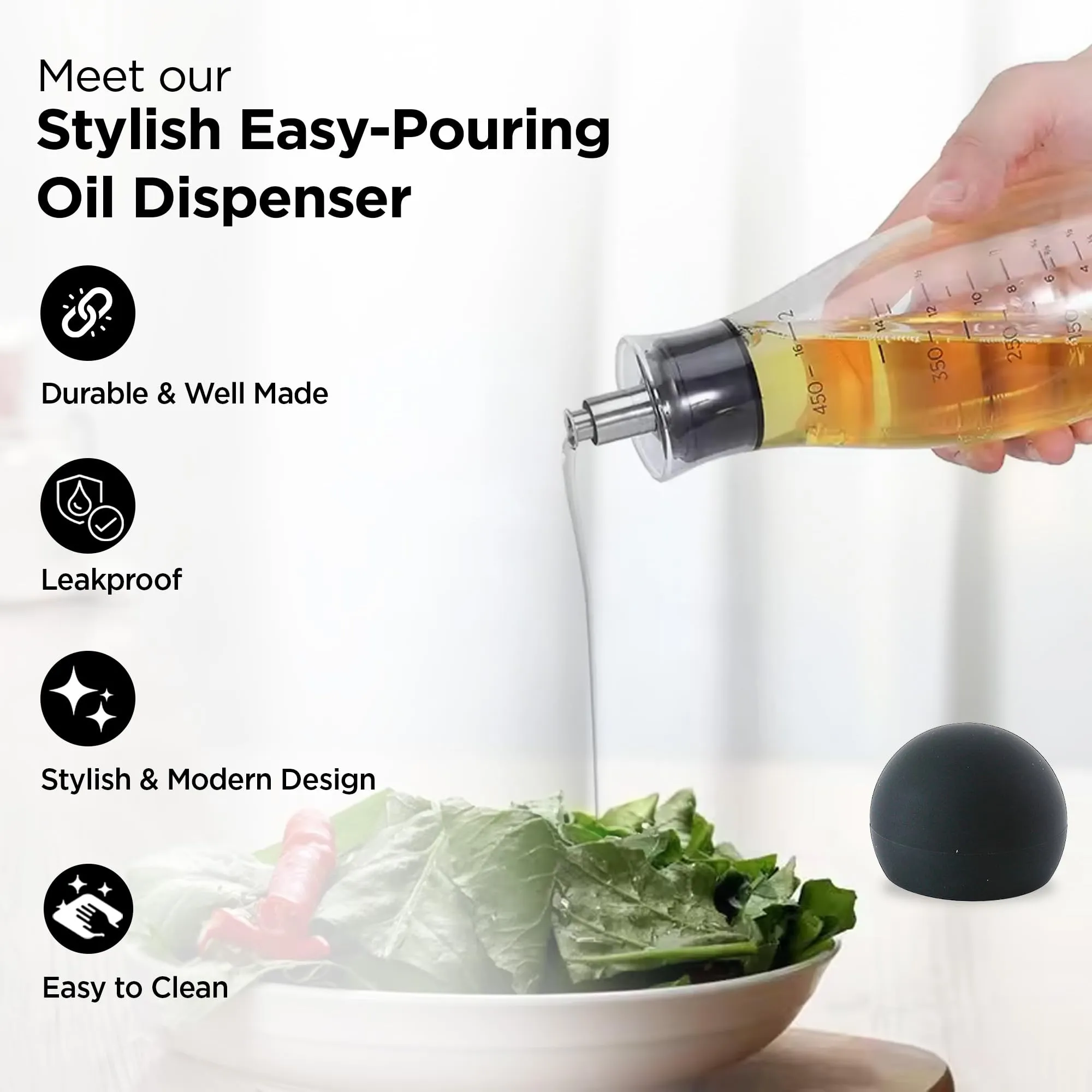 UMAI Glass Oil Dispenser With Leakproof Silicone Lid (450ml) | Oil Container Bottle For Kitchen | Oil Jar | Vinegar Dispenser | Glass Oil Bottle | Oil Can For Kitchen