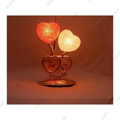 ViaZAID Lamp with Colourful Night Light, RED & Pink Heart with Clock All Occasion Valentine's Special Couple Double Heart Shape Table Clock |Home Office Bedside Gift