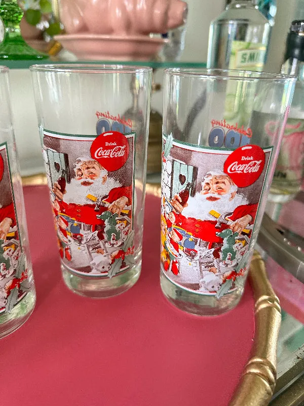 Vintage Coke Santa glasses, Commemorative 100 years service AAFES, 1953 Santa Painting