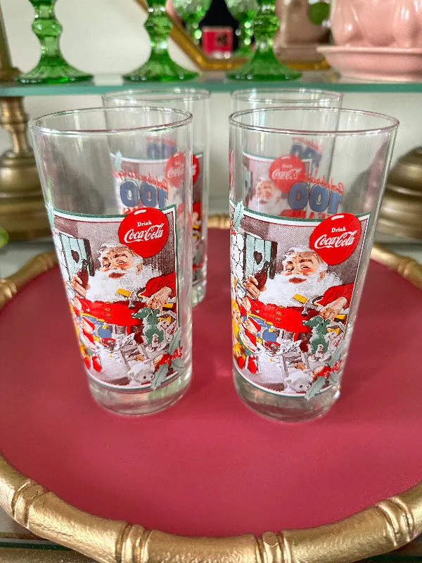 Vintage Coke Santa glasses, Commemorative 100 years service AAFES, 1953 Santa Painting