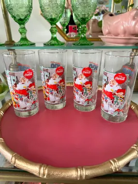 Vintage Coke Santa glasses, Commemorative 100 years service AAFES, 1953 Santa Painting