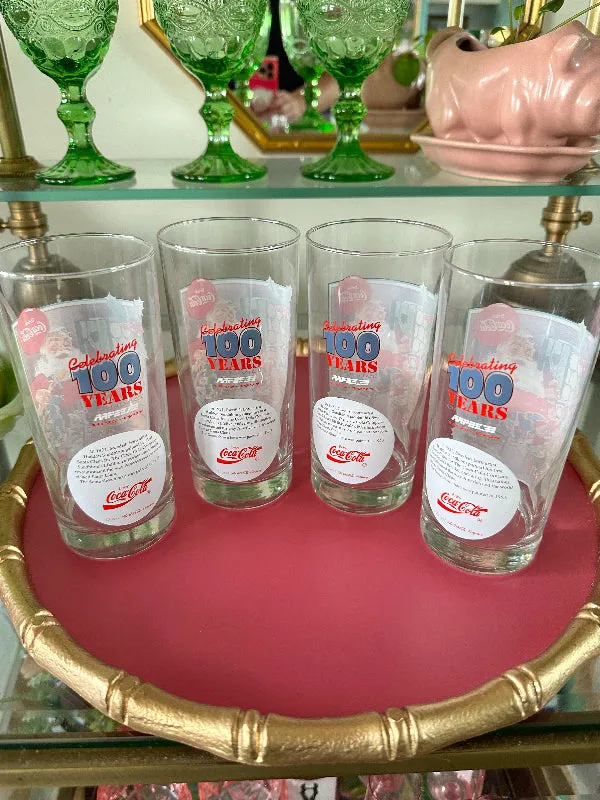 Vintage Coke Santa glasses, Commemorative 100 years service AAFES, 1953 Santa Painting