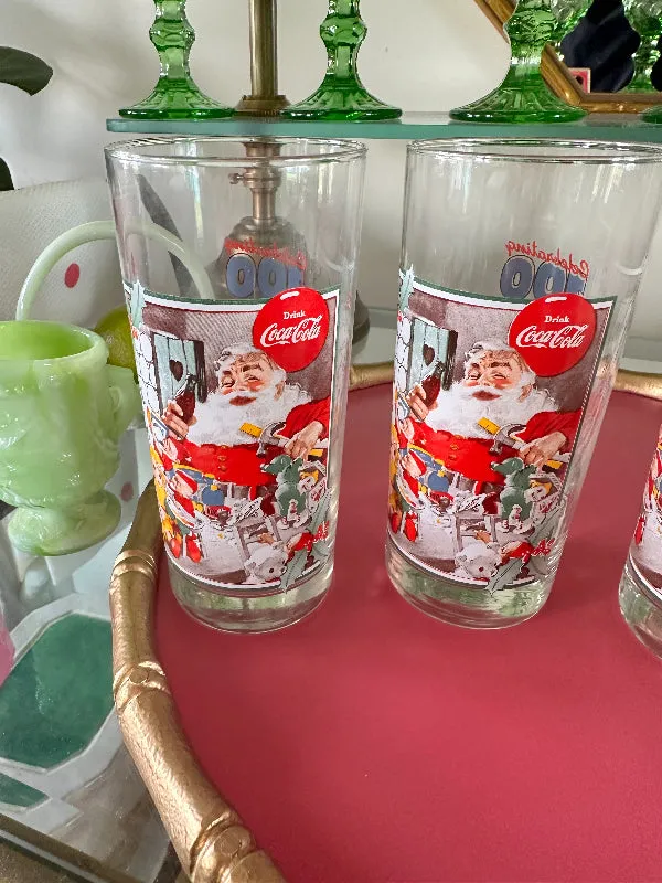 Vintage Coke Santa glasses, Commemorative 100 years service AAFES, 1953 Santa Painting