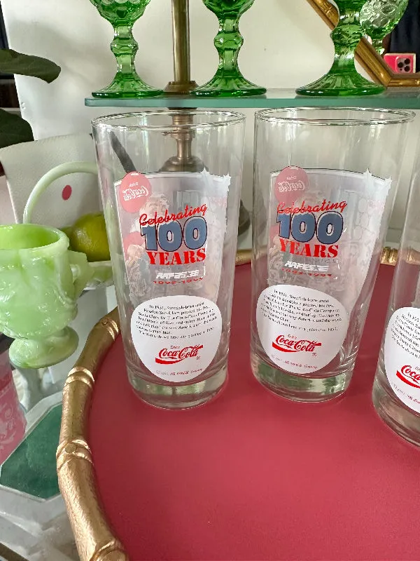 Vintage Coke Santa glasses, Commemorative 100 years service AAFES, 1953 Santa Painting