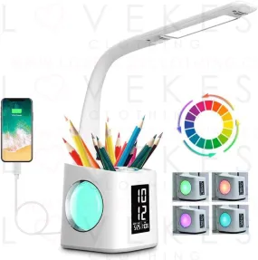 wanjiaone Study Desk Lamp with USB Charging Port&Screen&Calendar&Color Night Light, Kids Dimmable LED Table Lamp with Pen Holder&Clock, Reading Light for Students,10W