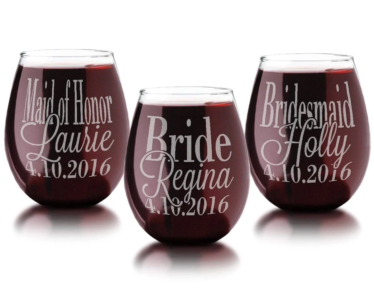 Wedding Party Stemless Wine Glasses Personalized Etched Stemless Glassware Gift for Bridesmaid Bride Maid of Honor Mother of Groom Bride