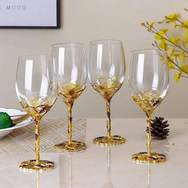 Wine Grape Design Enamel Lead Free Crystal Goblet Wine Glasses and Wine Decanter