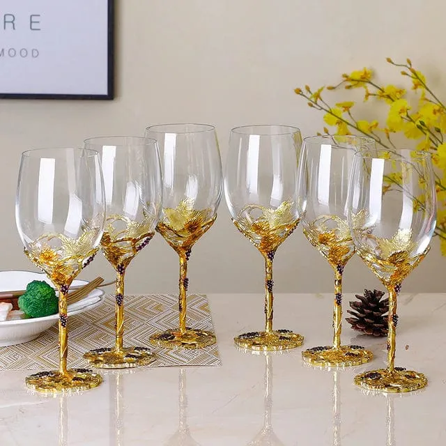 Wine Grape Design Enamel Lead Free Crystal Goblet Wine Glasses and Wine Decanter