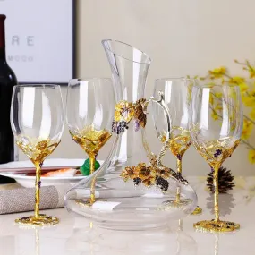 Wine Grape Design Enamel Lead Free Crystal Goblet Wine Glasses and Wine Decanter