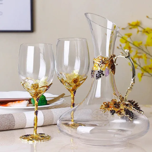 Wine Grape Design Enamel Lead Free Crystal Goblet Wine Glasses and Wine Decanter