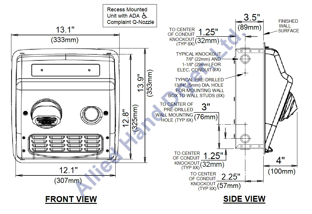 WORLD DRYER® RM5-Q974 AirMax™ Series Hand Dryer - Cast-Iron White Porcelain High Speed Push Button Recessed