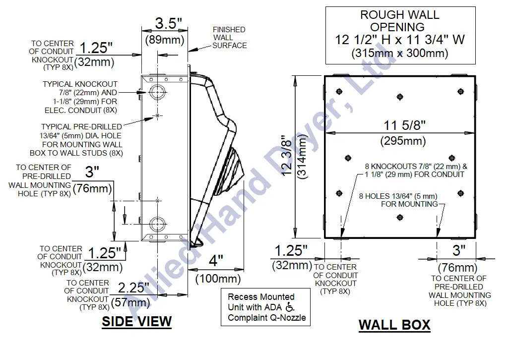 WORLD DRYER® RM5-Q974 AirMax™ Series Hand Dryer - Cast-Iron White Porcelain High Speed Push Button Recessed