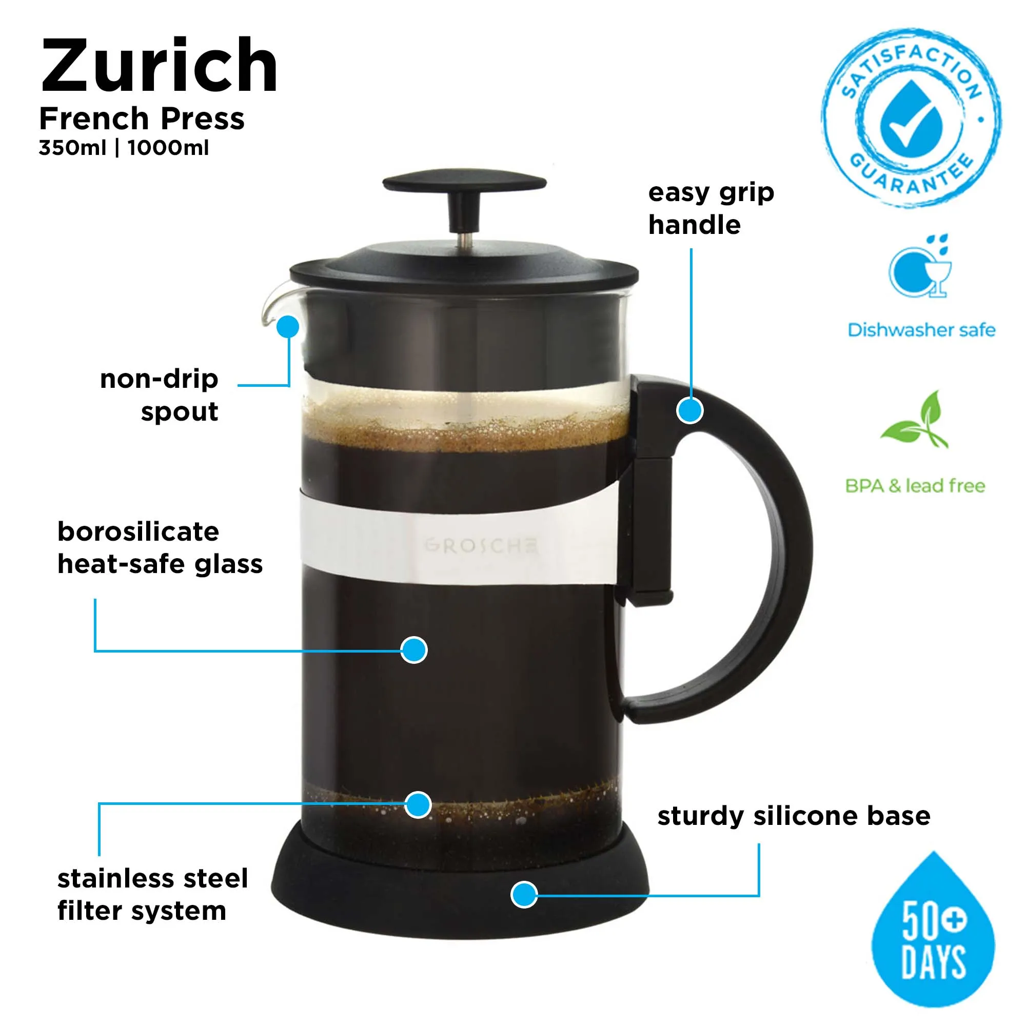 ZURICH French Press Coffee Maker, 11.8 fl. oz / 350mL